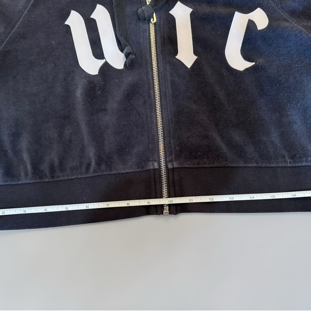 Juicy Couture x Urban Outfitters Black Velour Cropped Hoodie Gothic Print Zip Up - Picture 5 of 14
